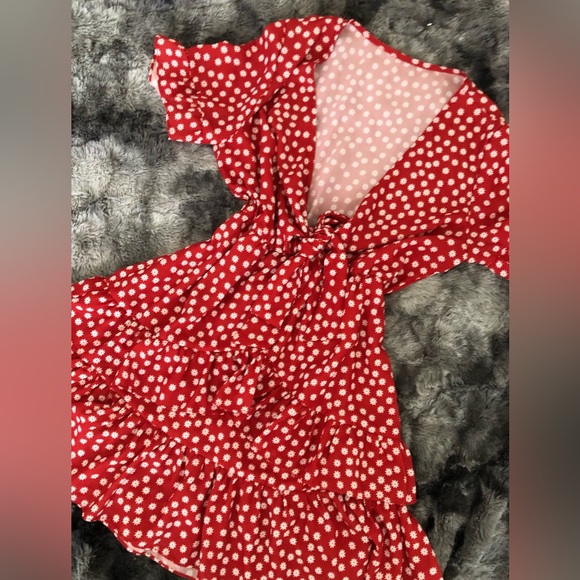 RED WHITE FLORAL FRONT BOW RUFFLES MINI SUMMER SUN DRESS - Picture 4 of 9